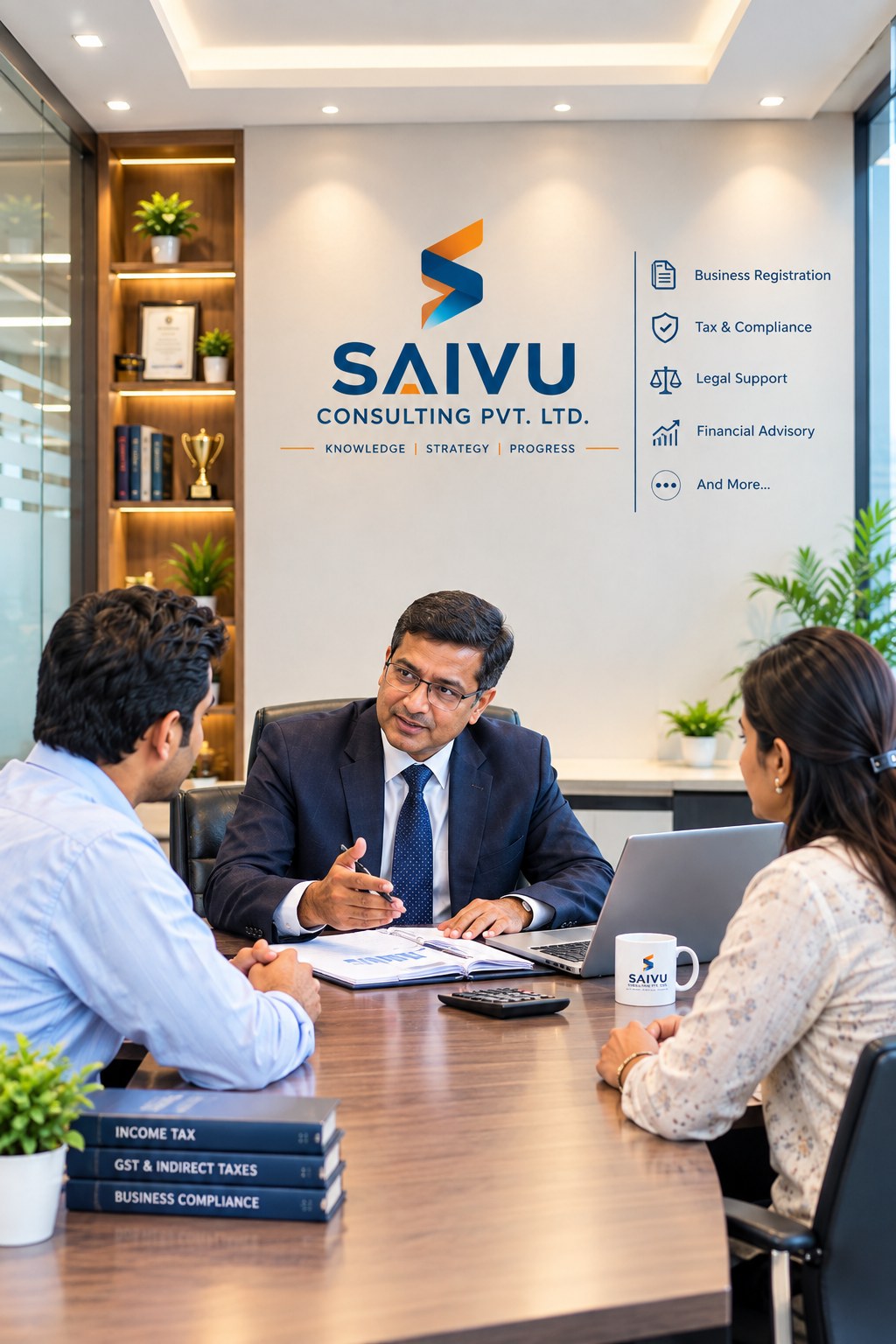 SAIVU Consulting consultation — senior consultant with two clients at the meeting table, SAIVU logo and service list on the office wall