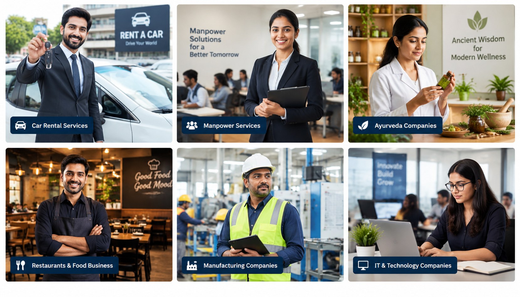 Industries SAIVU supports — car rental, manpower services, Ayurveda, restaurants and food business, manufacturing, and IT and technology companies