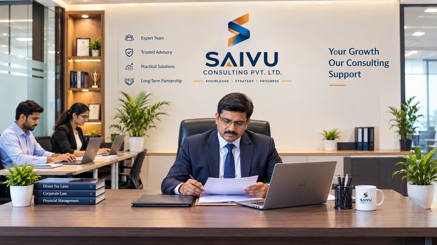 SAIVU Consulting office — senior consultant reviewing documents while the professional team works in the background, SAIVU branding on the wall